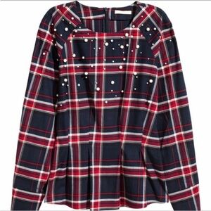 H&M| Plaid Long Sleeve Top with Pearl Accents